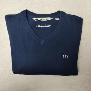 Travis Mathew Sweater Mens Medium Blue V Neck Striped Lightweight Golf Pullover